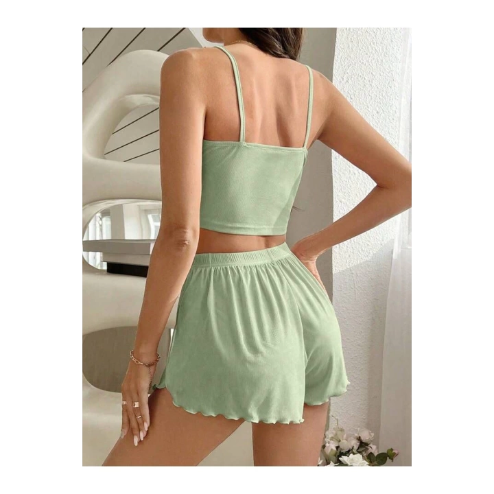 Yeşil Yırtmaçlı Şortlu Pijama Takım