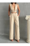 Bej Keten Kumaş Kadın Crop Pantolon Takım