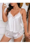 Beyaz Büyük Beden Saten Dantelli Şortlu Pijama Takım