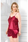 Bordo Büyük Beden İnce Askılı Saten Kadın Şortlu Pijama Takım