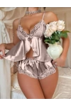 Gri Kurdele Detaylı Saten Şortlu Pijama Takım
