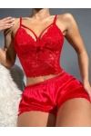 Kırmızı Kurdele Detaylı Şortlu Pijama Takım