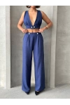 Lacivert Keten Kumaş Kadın Crop Pantolon Takım