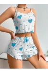 Mavi Kalp Desenli Şortlu Pijama Takım