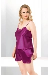 Mor Büyük Beden İnce Askılı Saten Kadın Şortlu Pijama Takım