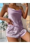 Mor Renk Saten Kumaş Şortlu Pijama Takım