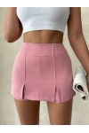 Pembe Çift Yırtmaçlı Yüksek Bel Kadın Şort Etek