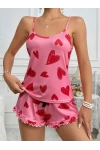 Pembe Kalp Desenli Şortlu Pijama Takım
