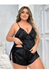 Siyah Büyük Beden Saten Dantelli Şortlu Pijama Takım