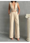 Bej Keten Kumaş Kadın Crop Pantolon Takım