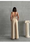 Bej Keten Kumaş Kadın Crop Pantolon Takım