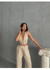 Bej Keten Kumaş Kadın Crop Pantolon Takım