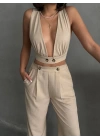 Bej Keten Kumaş Kadın Crop Pantolon Takım