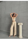 Bej Keten Kumaş Kadın Crop Pantolon Takım