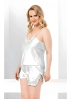 Beyaz Büyük Beden İnce Askılı Saten Kadın Şortlu Pijama Takım