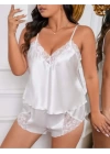 Beyaz Büyük Beden Saten Dantelli Şortlu Pijama Takım