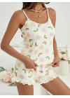 Beyaz Çiçek Desenli Kadın Şortlu Pijama Takım