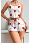 Beyaz Çilek Desenli Kadın Şortlu Pijama Takımı