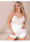 Beyaz Dantel Detaylı Saten Şortlu Pijama Takım