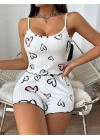Beyaz Kalp Desenli Örme Kadın Şortlu Pijama Takım