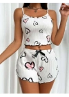 Beyaz Kalp Desenli Örme Kadın Şortlu Pijama Takım