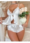 Beyaz Kurdele Detaylı Saten Şortlu Pijama Takım