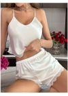Beyaz Saten Kumaş Dantelli Şortlu Pijama Takım