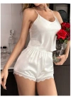 Beyaz Saten Kumaş Dantelli Şortlu Pijama Takım