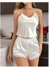 Beyaz Saten Kumaş Dantelli Şortlu Pijama Takım