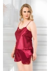 Bordo Büyük Beden İnce Askılı Saten Kadın Şortlu Pijama Takım
