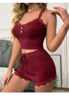 Bordo Renk Örme Kadın Şortlu Pijama Takım