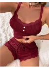 Bordo Renk Örme Kadın Şortlu Pijama Takım