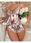 Gri Kurdele Detaylı Saten Şortlu Pijama Takım