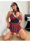 Kırmızı Büyük Beden Ekose Mini Kravatlı Kadın