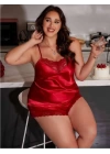 Kırmızı Büyük Beden Saten Dantelli Şortlu Pijama Takım