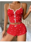 Kırmızı Kalp Desenli Örme Kadın Şortlu Pijama Takım