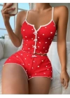 Kırmızı Kalp Desenli Örme Kadın Şortlu Pijama Takım