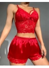 Kırmızı Kurdele Detaylı Şortlu Pijama Takım