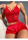 Kırmızı Kurdele Detaylı Şortlu Pijama Takım