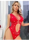 Kırmızı Renk Taşlı Fantezi Vücut Çorabı
