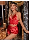 Kırmızı Saten Kumaş Dantelli Şortlu Pijama Takım