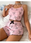 Kurdele Desenli Örme Kadın Şortlu Pijama Takım