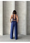 Lacivert Keten Kumaş Kadın Crop Pantolon Takım