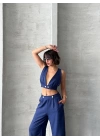 Lacivert Keten Kumaş Kadın Crop Pantolon Takım
