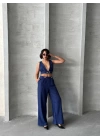 Lacivert Keten Kumaş Kadın Crop Pantolon Takım