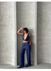 Lacivert Keten Kumaş Kadın Crop Pantolon Takım