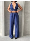 Lacivert Keten Kumaş Kadın Crop Pantolon Takım