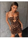 Leopar Desenli Dekolteli Kadın Şık Gece Elbise