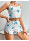 Mavi Kalp Desenli Şortlu Pijama Takım