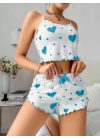Mavi Kalp Desenli Şortlu Pijama Takım